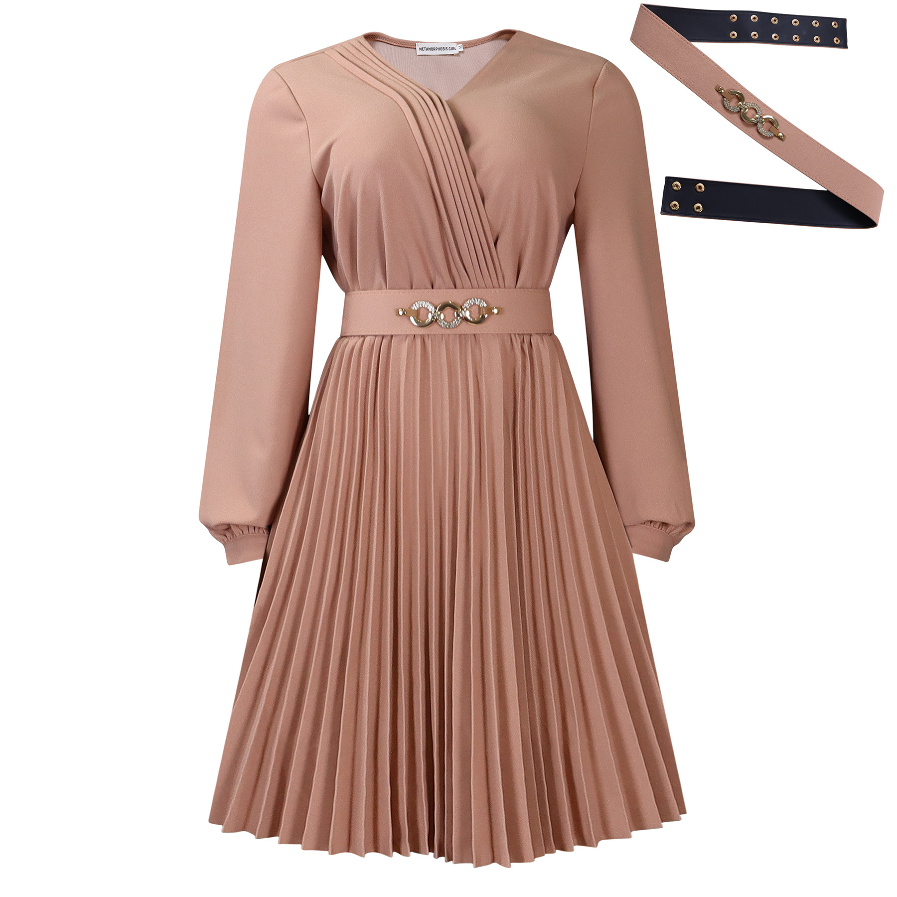 Spring New Women's OL Style V Neck Fashion Pleated High Waist Dress for Cross Border Trade in Africa
