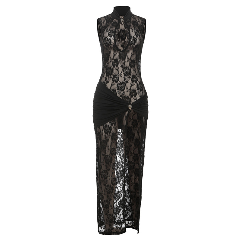 Spring Women's Fashion Dress with Hollow Lace Splicing, High Slit Bodycon Design, Sexy and Stylish for Cross Border Markets