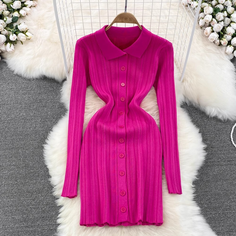 Vintage Inspired Long Sleeve Polo Dress Slim Fit Waist Defining Knitted Fabric Autumn Fashion for Women Wholesale