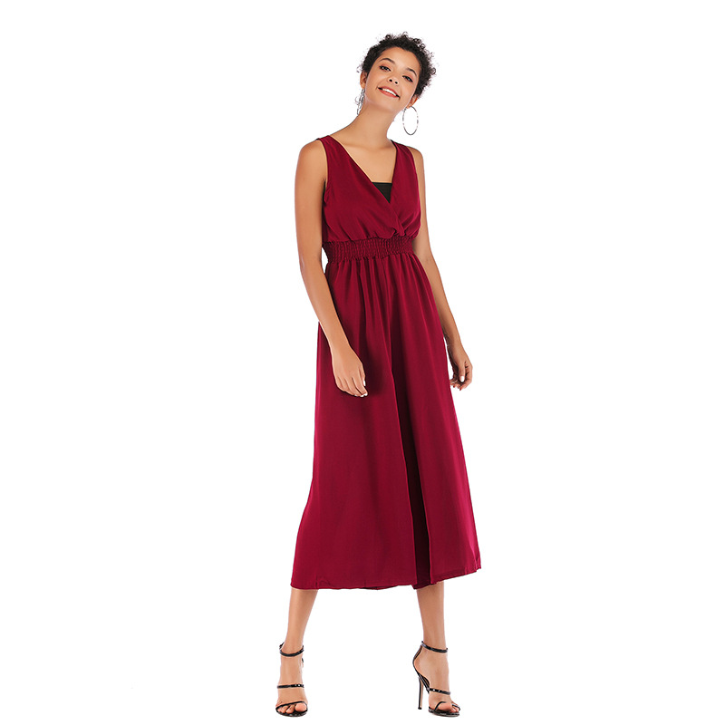 Womens Solid Color V Neck Jumpsuit Wrap Waist Adjustable Straps Wide Leg Three Quarter Length Casual or Evening