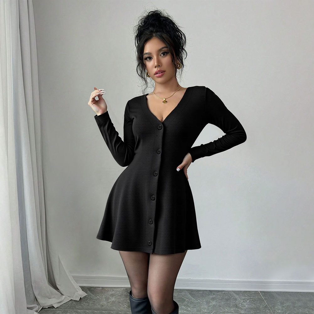 New Women's Knitted Puff Hem V Neck Long Sleeve Solid Color Mini Dress for Autumn and Winter