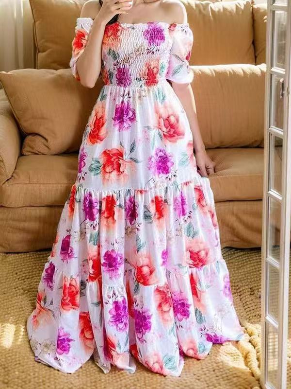 New Spring Summer European and American Foreign Trade Women's Dress One Shoulder Floral Dress Fashion Off Shoulder Long Dress