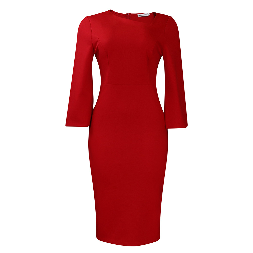 Fashionable Women's Long Sleeve Dress with Asymmetrical Neckline, Elegant OL Style, Ideal for Cross Border Trade and Export