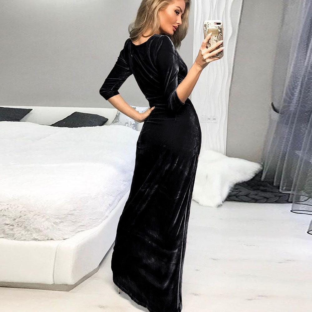 Deep V Neck Velvet Dress Three Quarter Sleeve High Slit Elegant Design Perfect for Birthday Parties and Gatherings
