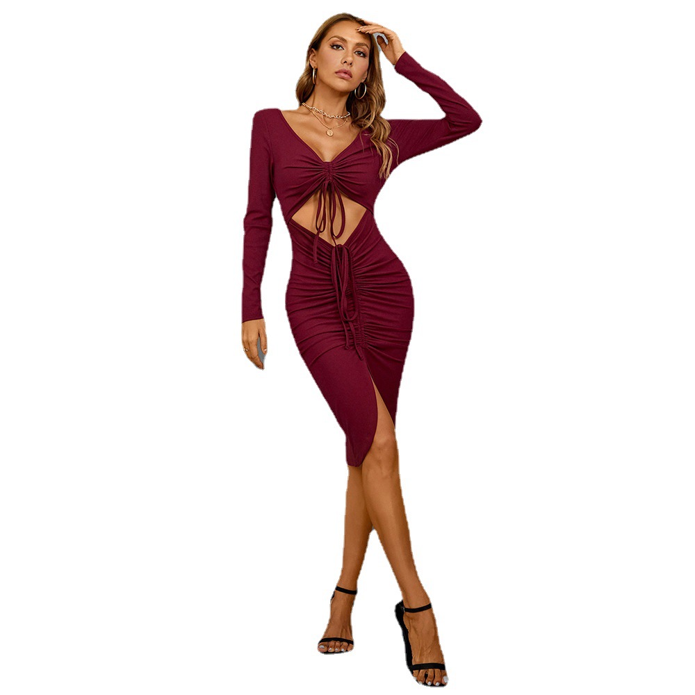European and American Style Sexy Hollow Out Drawstring Split Waist Slim Fit Elegant Bodycon Dress