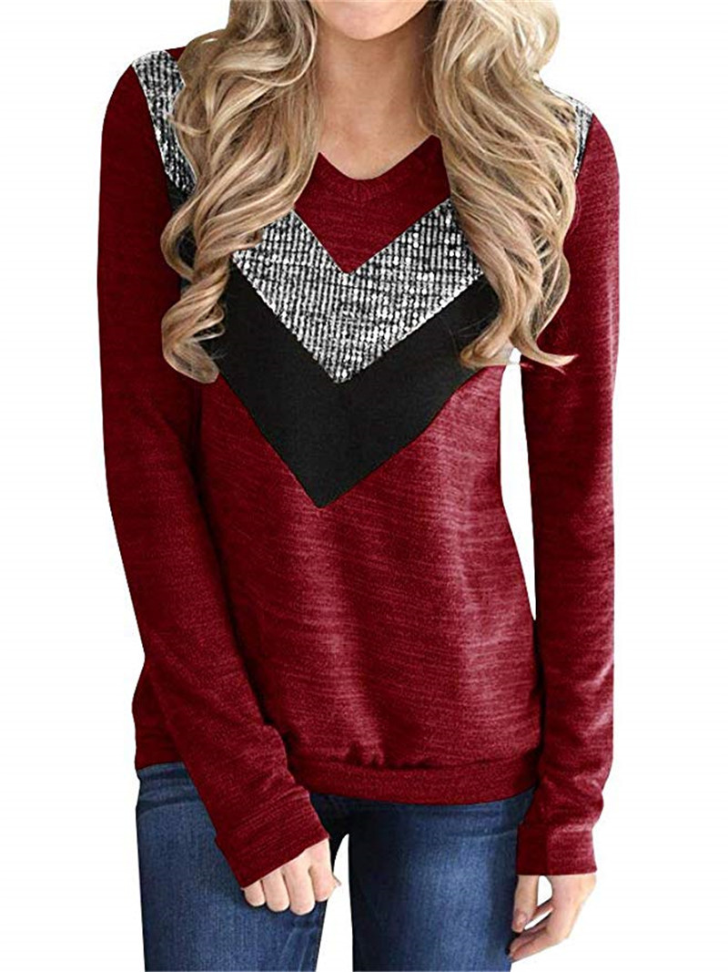 Womens Autumn Winter Long Sleeve T Shirt Sequin Patchwork Comfortable Fabric Stylish Design Casual Wear Wholesale