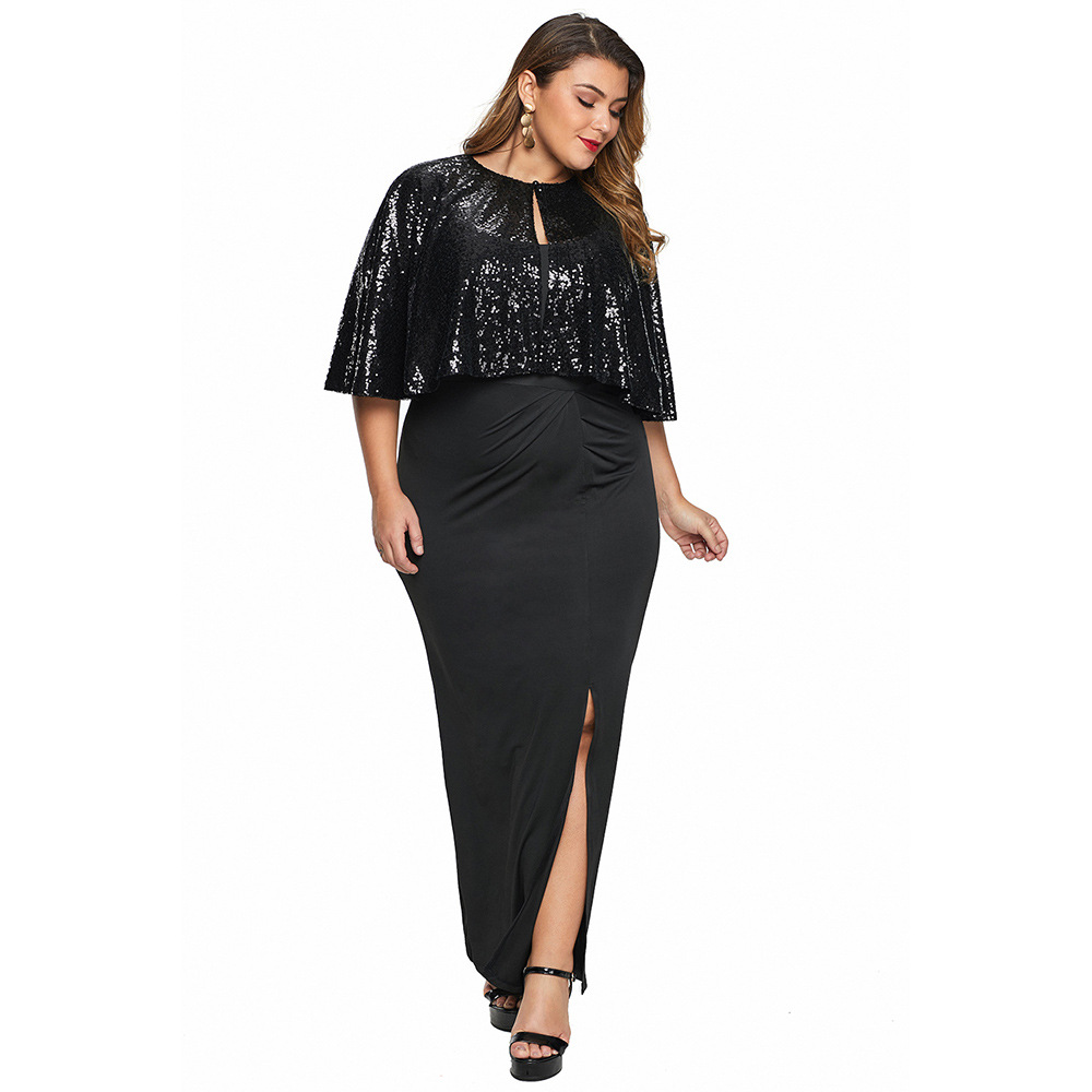 Plus Size Womens Long Sleeve Sequin Cape Dress Set Elegant Split Design Perfect for Autumn Events Wholesale Available
