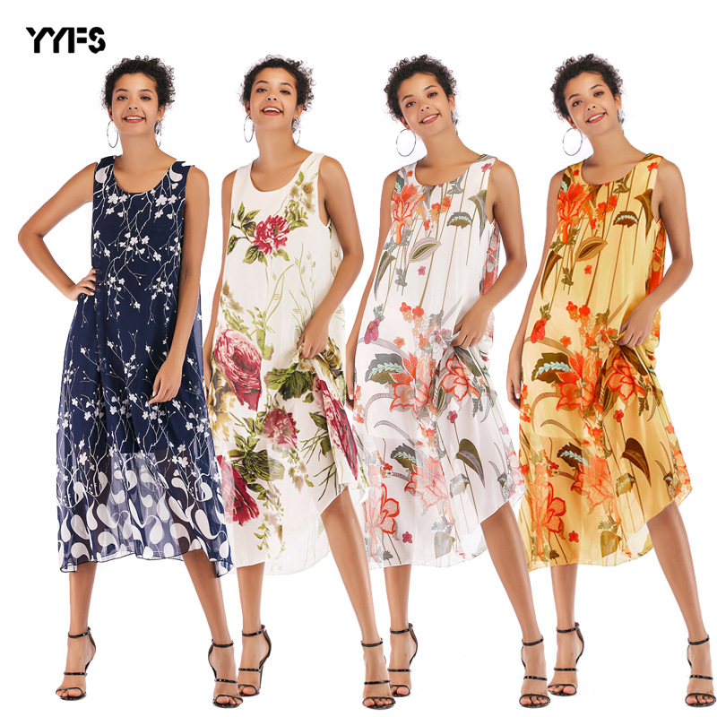 Womens Beach Dress Sleeveless Round Neck Floral Print Flowy Chiffon Summer Casual Wear Wholesale Available