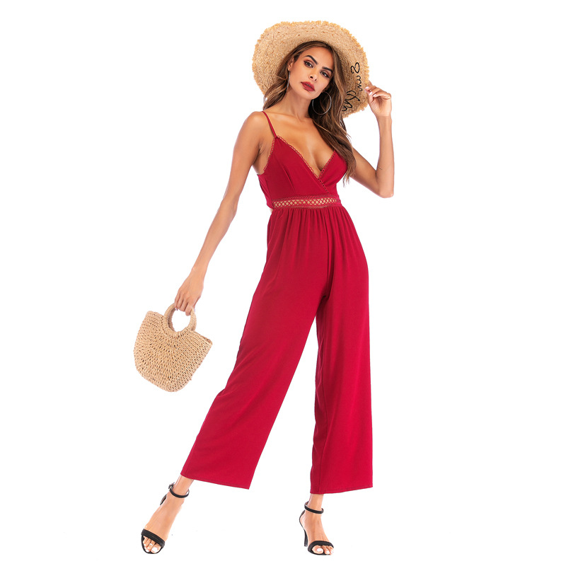 Womens Sexy Lace Backless Jumpsuit Slim Fit Spaghetti Straps Elegant Design Perfect for Parties or Night Out