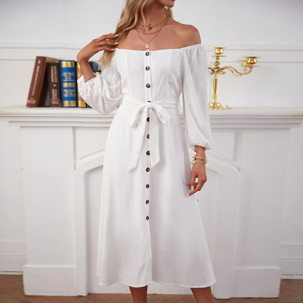 New European and American Style Elegant Commuter Off Shoulder Single Breasted Slit Long Sleeve Mid Length Dress