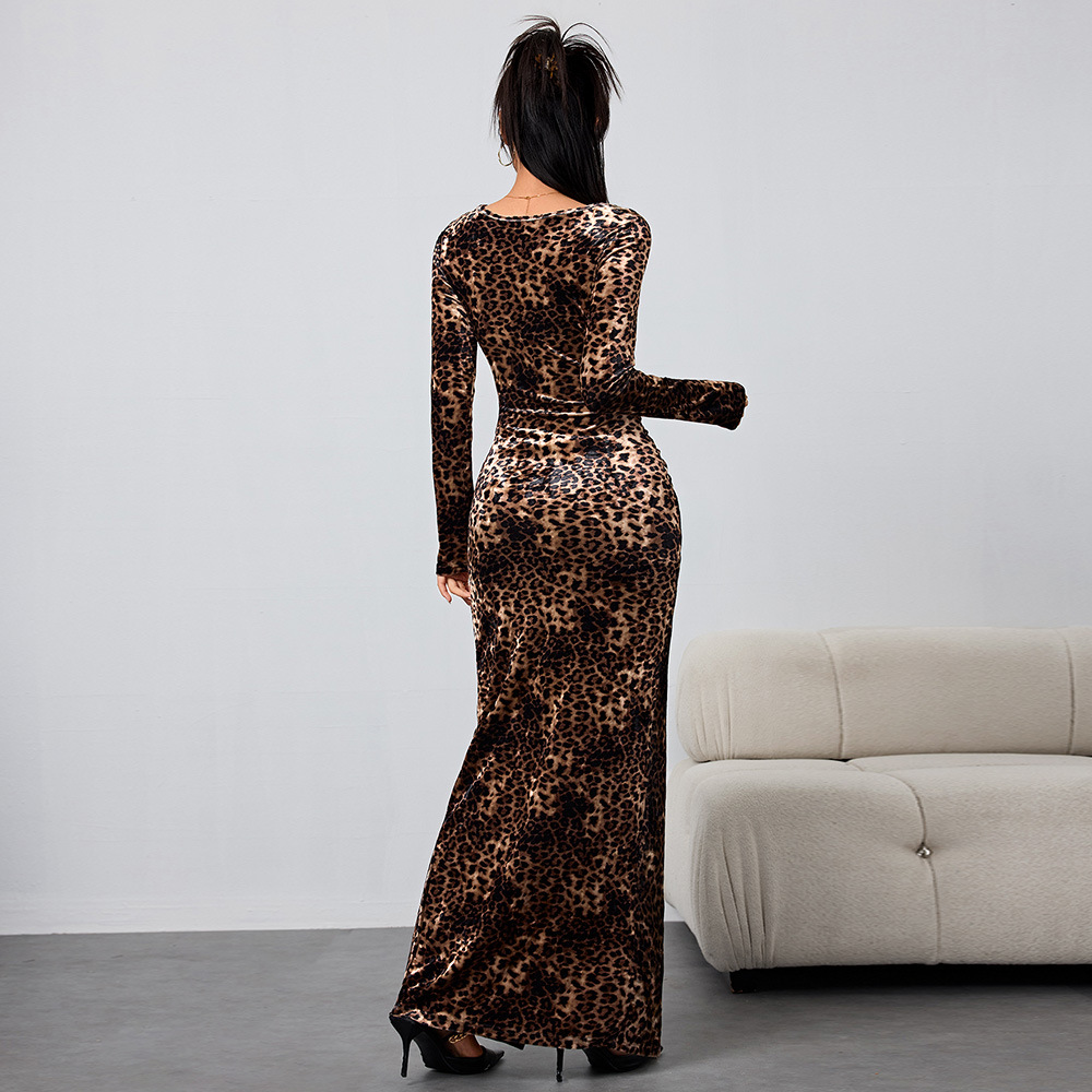 Autumn Winter New Women's Sexy Sweet and Spicy Leopard Print Dress Y2K Hollow Long Dress