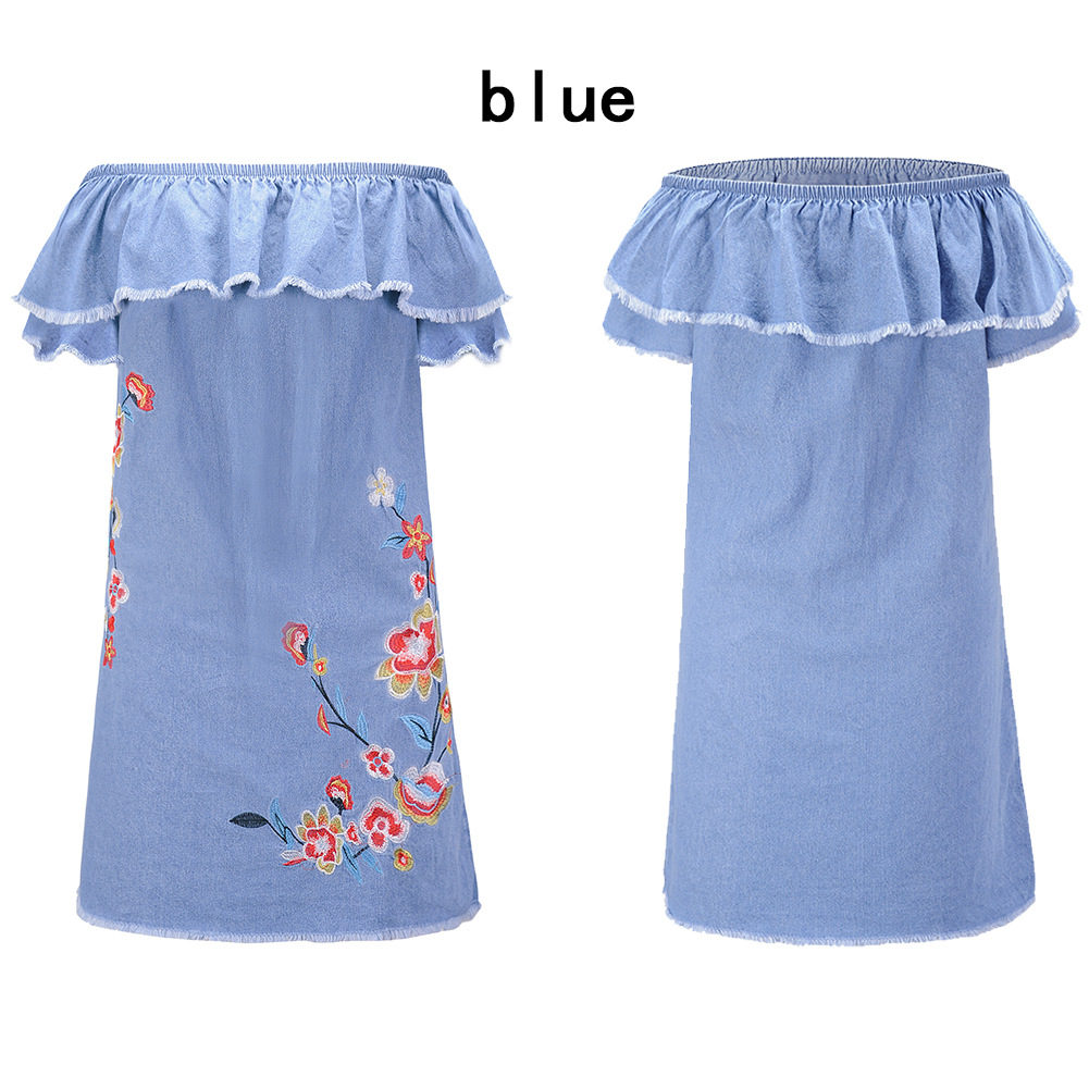 Off Shoulder Embroidered Denim Look Dress Ruffle Hem Summer Style Casual Wear Wholesale Available