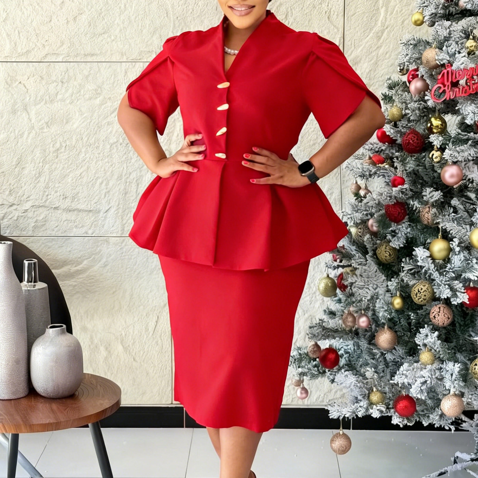 Elegant Plus Size Women's Dress with Ruffled V Neck, Short Sleeves, and Bodycon Fit for Cross Border Fashion