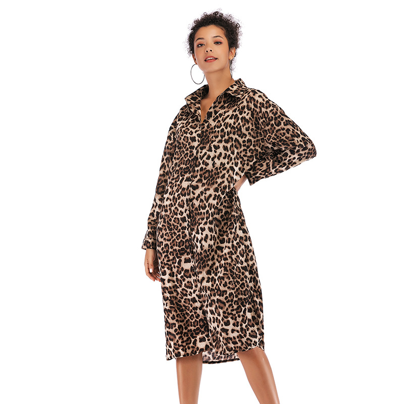 Womens Autumn Dress Long Sleeve Button Down Sexy Leopard Print Slim Fit Split Hem Casual or Party Wear