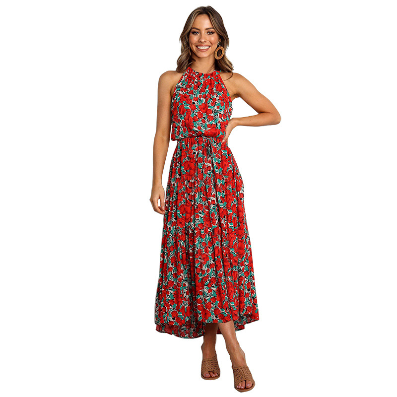 Womens Floral Print Maxi Dress Halter Neck Zipper Closure Lightweight Fabric Spring Summer Fashion Wholesale