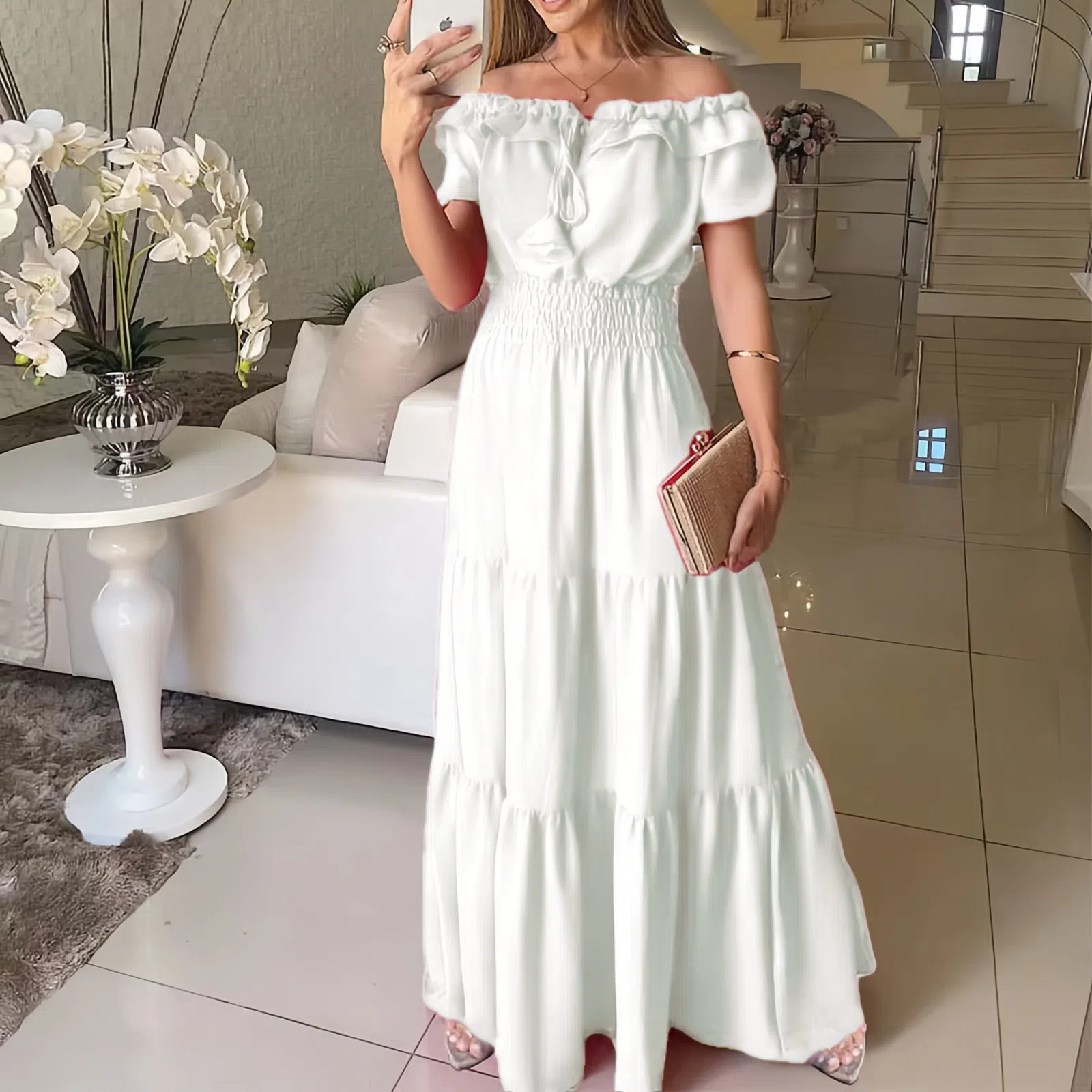 European and American Market Fashionable Solid Color Strapless Ruffled Sleeve Maxi Dress — Elegant, Trendy, Comfortable — Casu