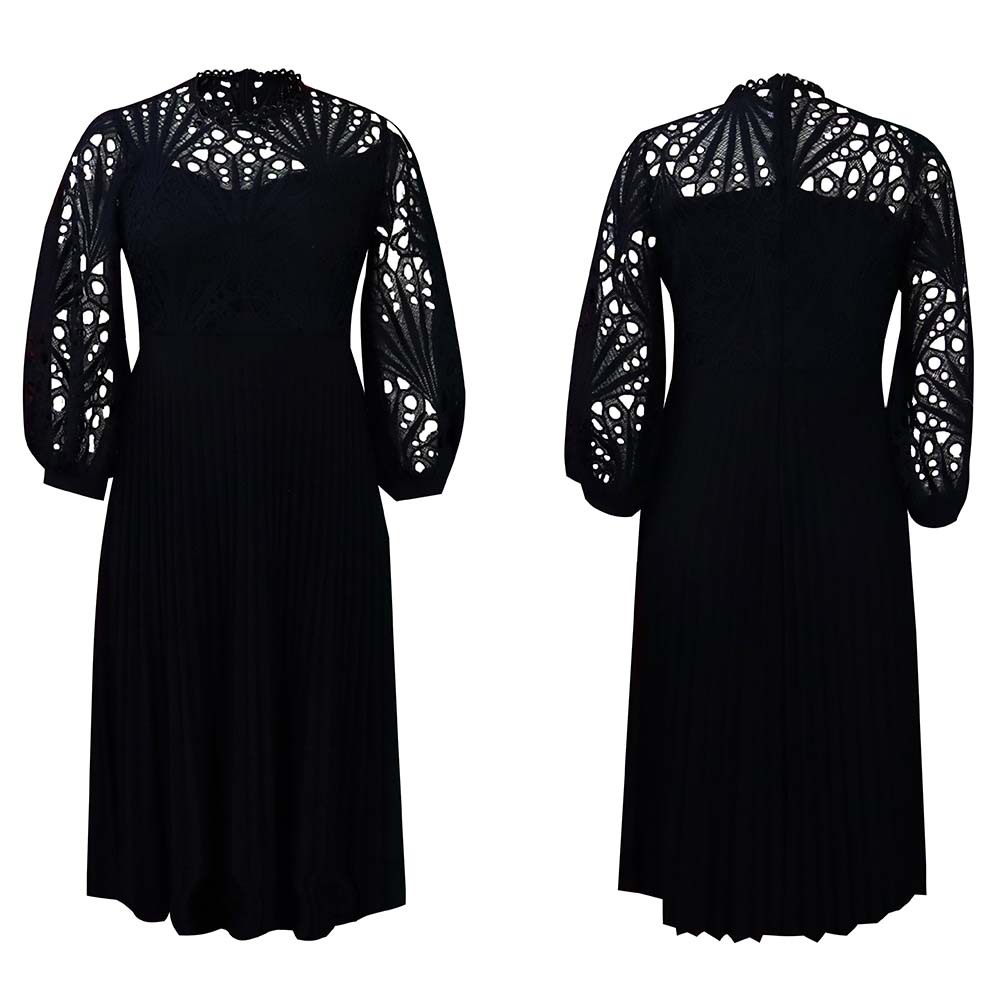 European and American Women's Clothing Summer New Elegant Lace Splicing Pleated Hollow Sexy Plus Size Foreign Trade African Dres