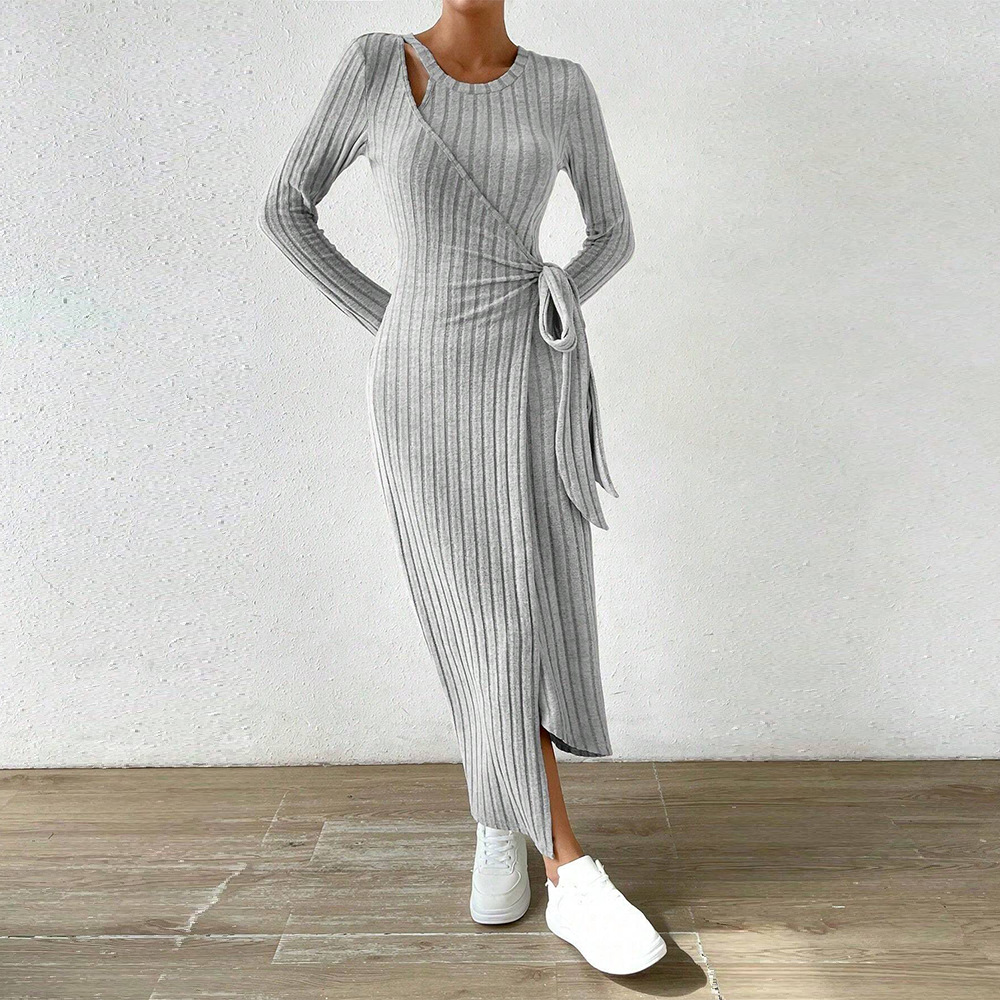Knitted Grey Dress Irregular Hem Long Silhouette Autumn Winter Style Wholesale Womens Fashion Apparel