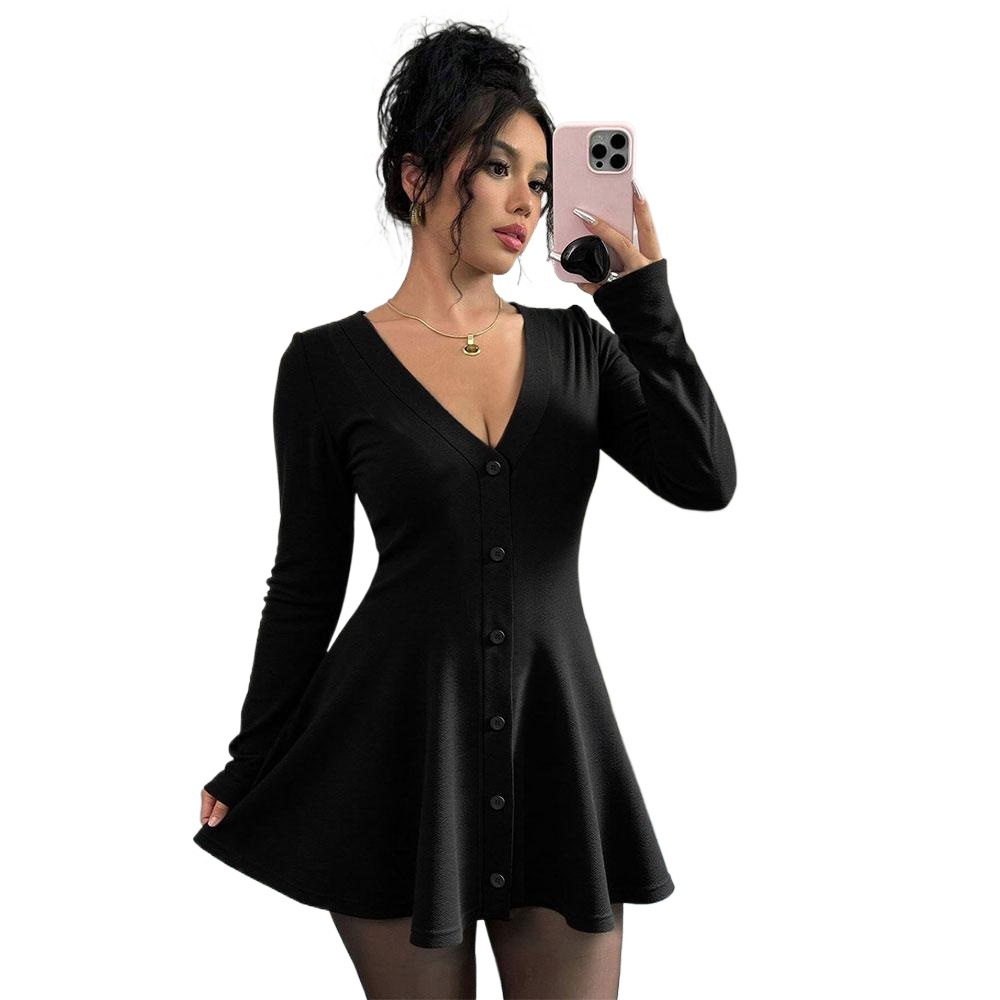 New Women's Knitted Puff Hem V Neck Long Sleeve Solid Color Mini Dress for Autumn and Winter