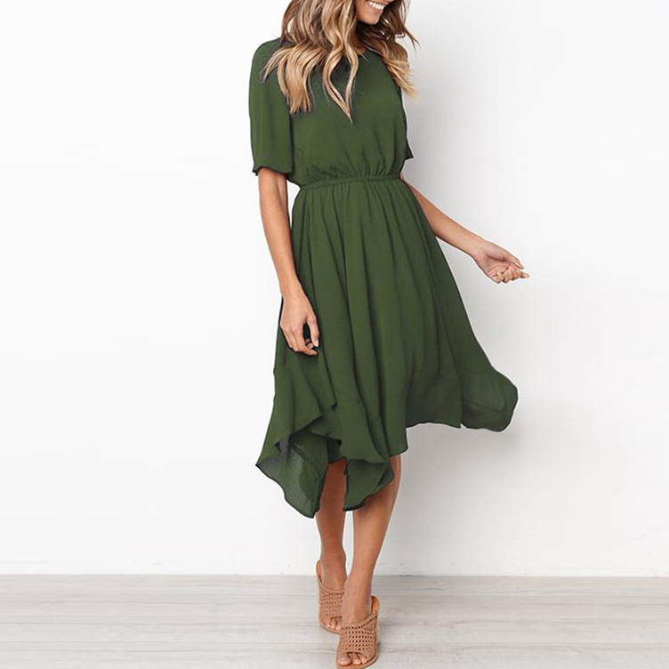 Irregular Waist Short Sleeve Dress Round Neck Casual Style Spring Autumn Fashion Wholesale Available