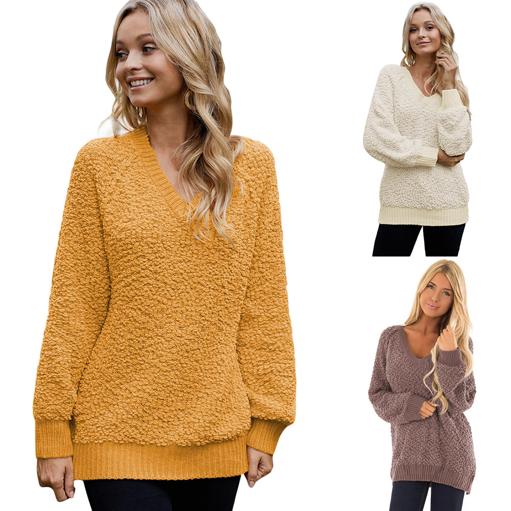 Womens V Neck Ribbed Knit Sweater Long Sleeve Solid Color Cozy Fabric Autumn Winter Casual Wear Wholesale