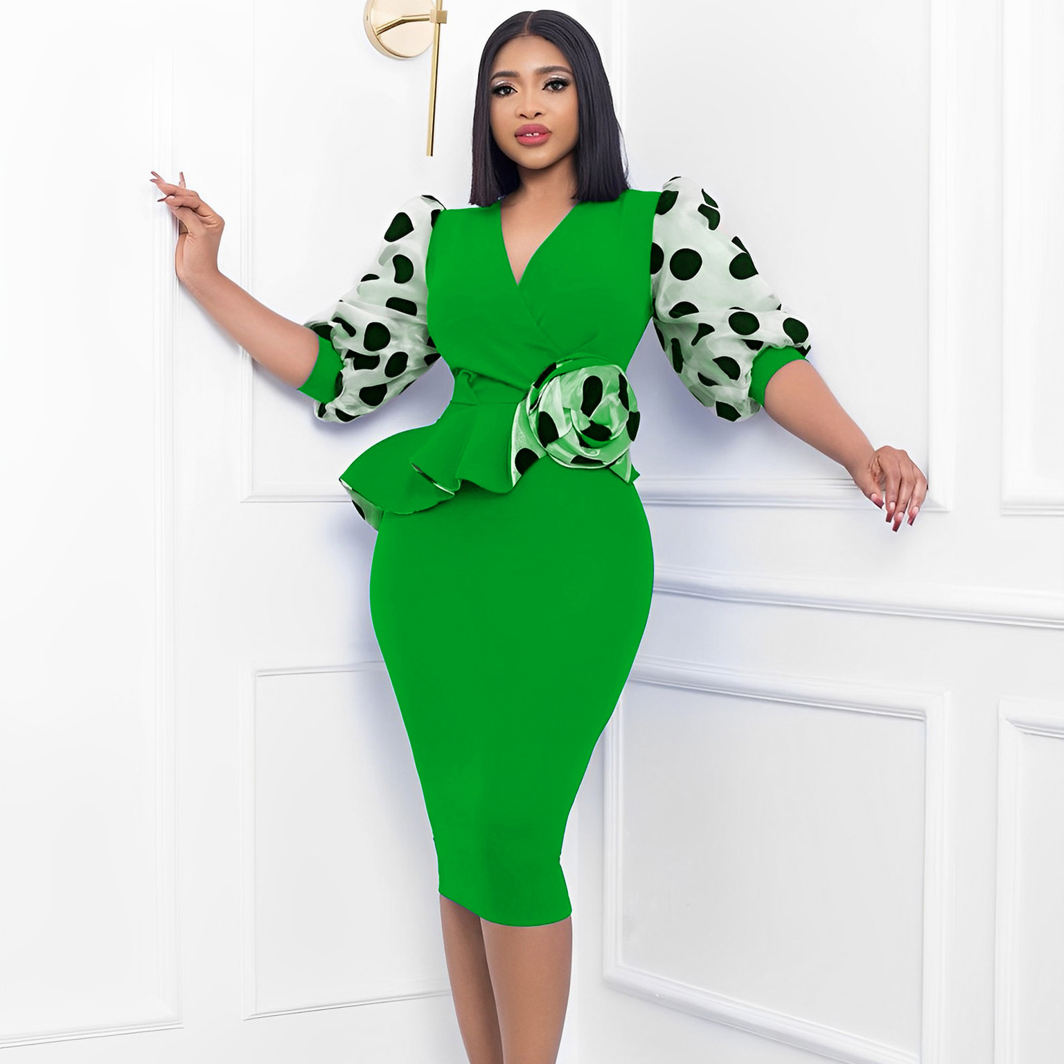 European and American Cross border Women's Clothing Spring and Summer New Splicing OL Temperament Mesh Puff Sleeve Pencil Skirt