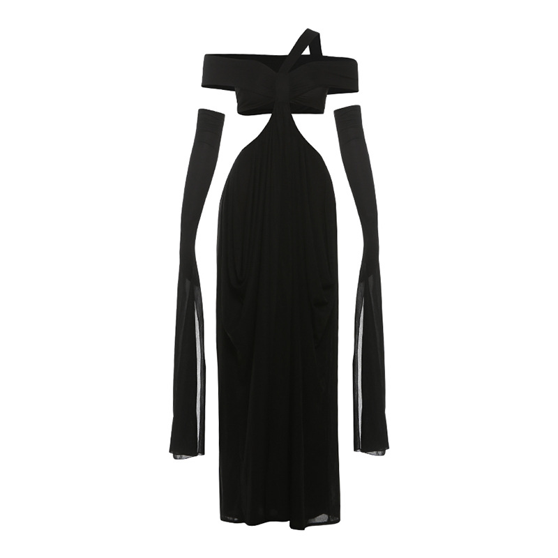 European and American Cross border Autumn and Winter New Women's Fashion Hanging Collar Sleeveless Solid Color Sexy Off Shoulder Hot Girl Dress