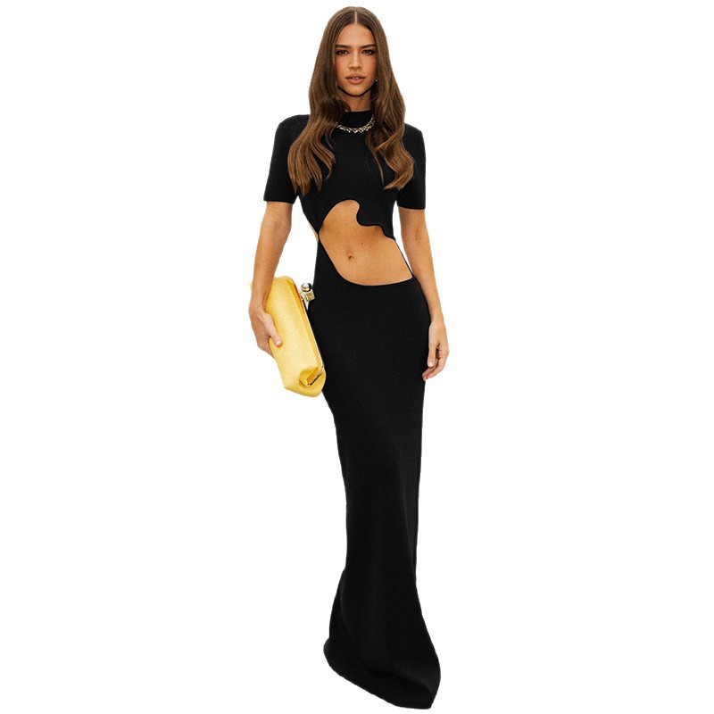 Spring New Women's Fashion Sexy Hollow Out Round Neck Slim Fit Solid Color Short Sleeve Bodycon Dress for Cross Border Markets