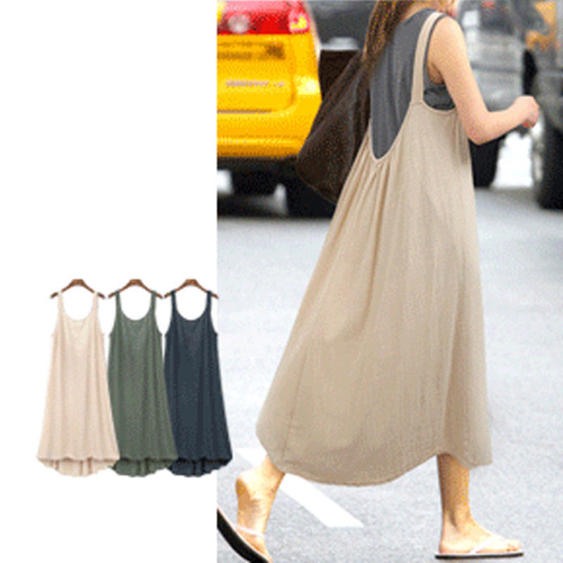 Plus Size Womens Summer Dress Loose Fit Cotton Linen Blend Spaghetti Straps Long Length Casual Wear Wholesale