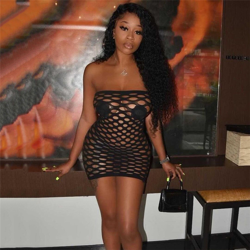 European and American Style Spring Women's New Nightclub Sexy Hollowed out Strapless Slim Fit Bodycon Dress