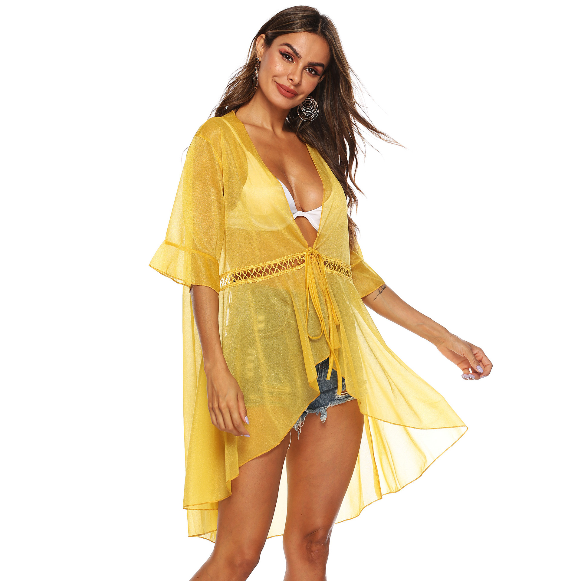 Sheer Loose Fit Ruffled Sleeve Beach Cover Up Adjustable Tie Sun Protection Lightweight Fabric Summer Casual Wear