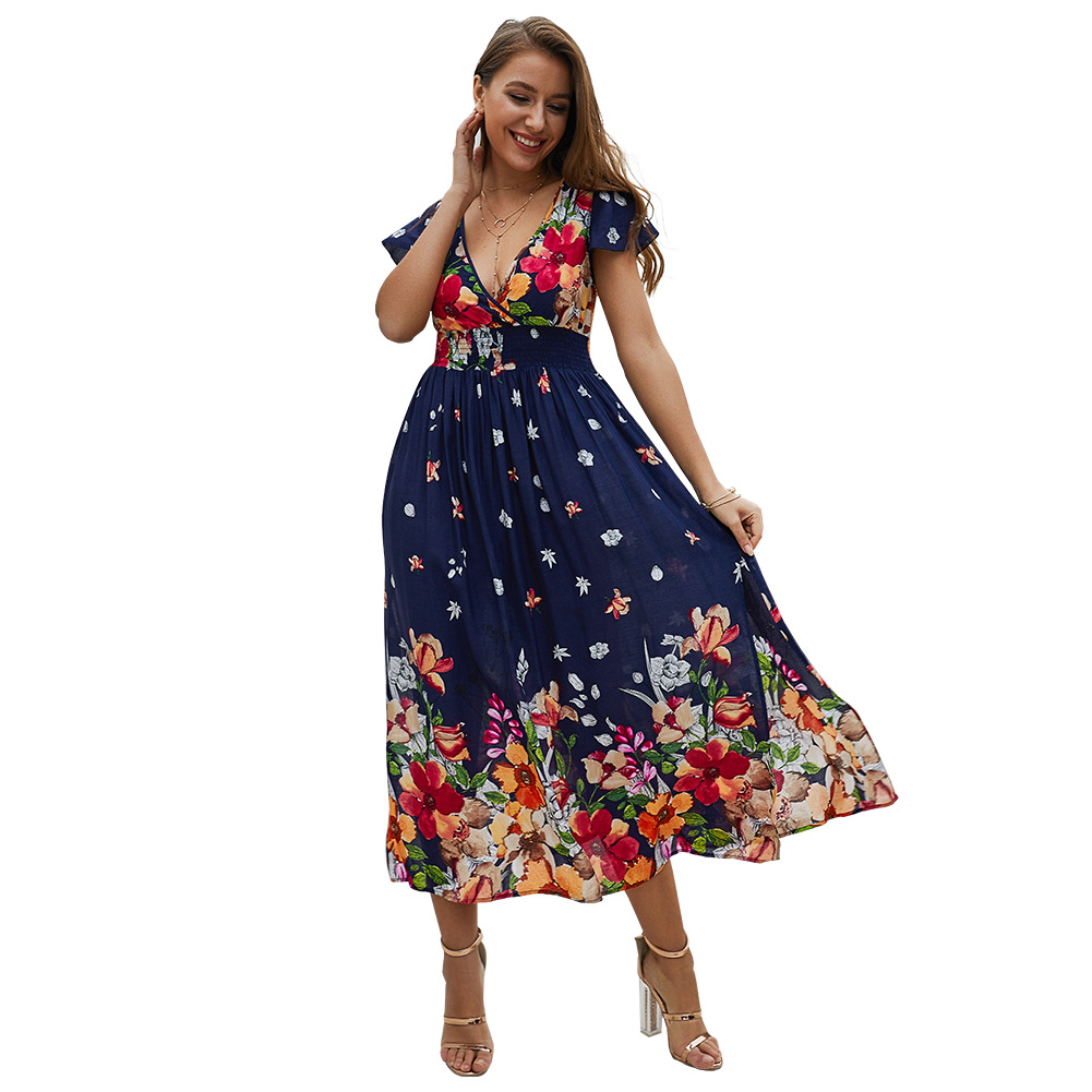 Fashionable Womens Cotton Dress Floral Print V Neck Summer Style Perfect for Casual Outings Wholesale Available