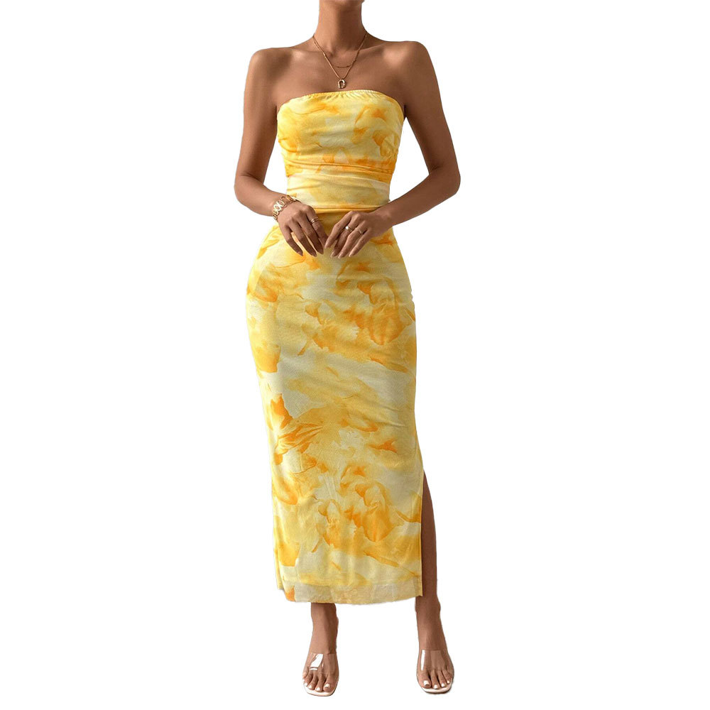 Mesh Printed Dress High Waist Slim Fit Split Strapless Bodycon Dress