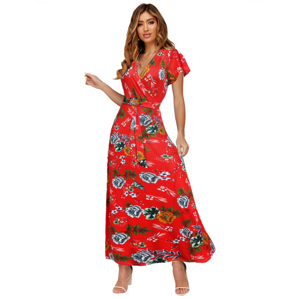 Bohemian Floral Maxi Dress V Neck Tie Detail Summer Style Perfect for Beachwear or Casual Outings Wholesale