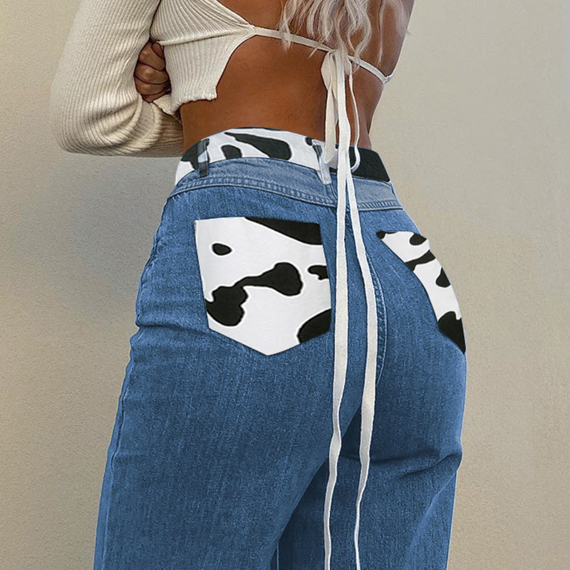 High Waisted Color Block Straight Leg Jeans Sexy Loose Fit Cow Print Design Casual Fall Fashion for Women Wholesale