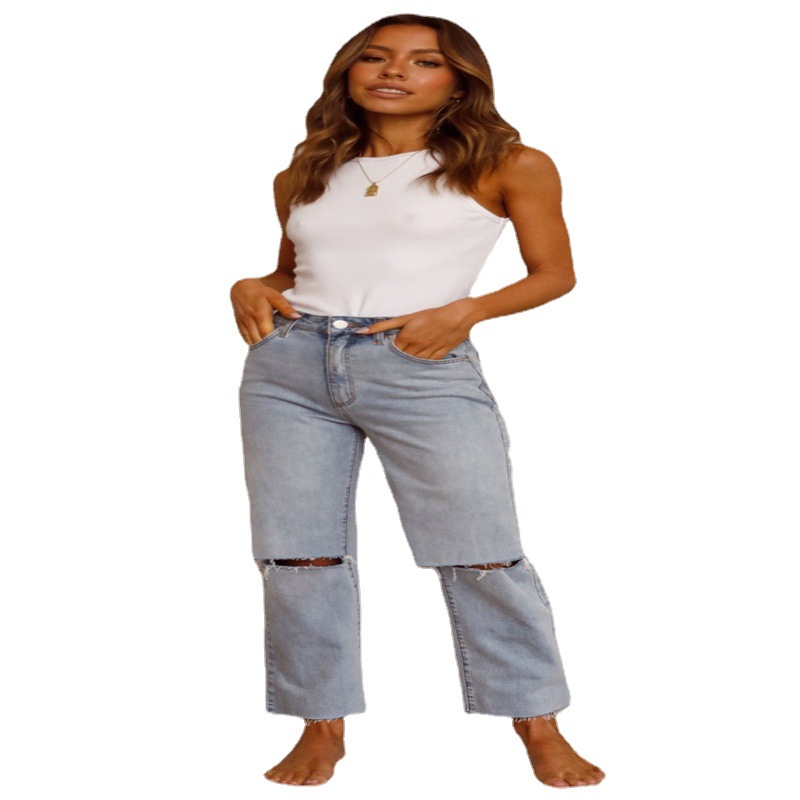 High Waisted Ripped Straight Leg Jeans Light Color Casual Style Suitable for Autumn and Winter Wholesale Available