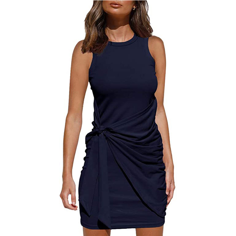 Sleeveless Round Neck Ruffled Dress Bow Tie Waist Asymmetrical Hem Elegant Style Perfect for Parties and Events