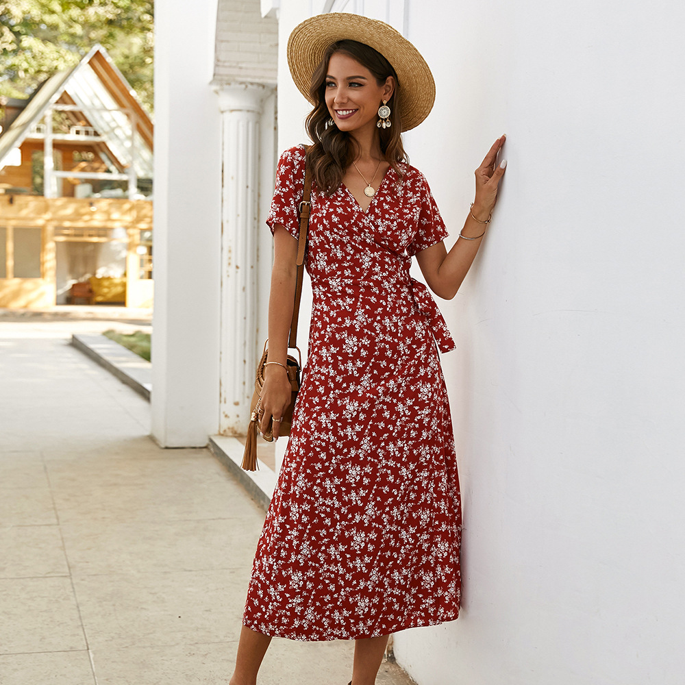Floral Print Short Sleeve Dress Slim Fit Lightweight Fabric Spring Summer Style Wholesale Available