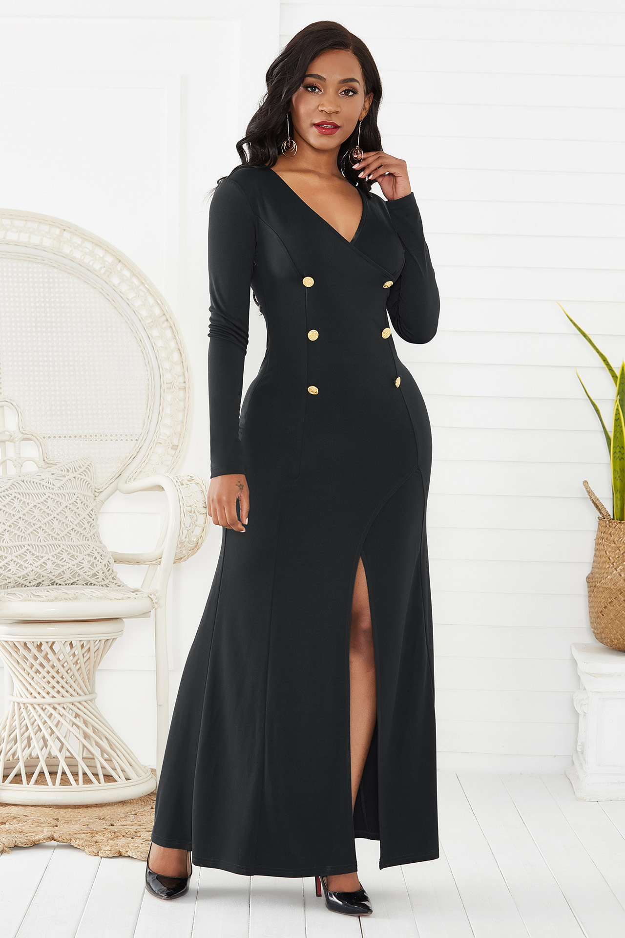 Elegant Solid Color Long Sleeve Bodycon Dress V Neck High Slit Party Wear Wholesale Available
