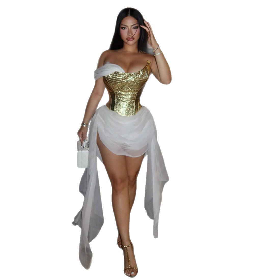 European and American Spring New Women's Fashion Dress with Golden Shiny Mesh Splicing, Stylish Ribbons, and Sexy Design