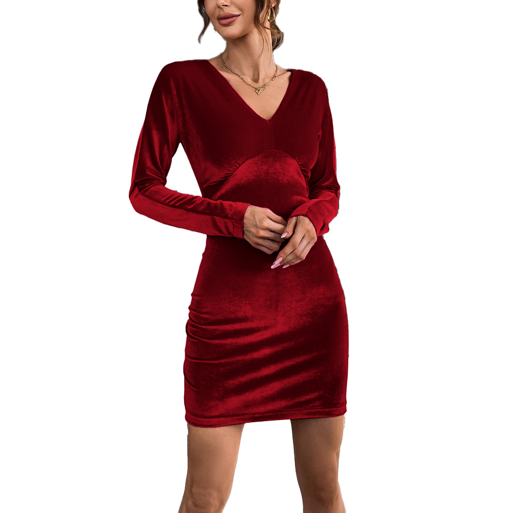 Autumn Winter Sexy Backless Bodycon Dress with Waist Slimming Long Sleeve Velvet Dress