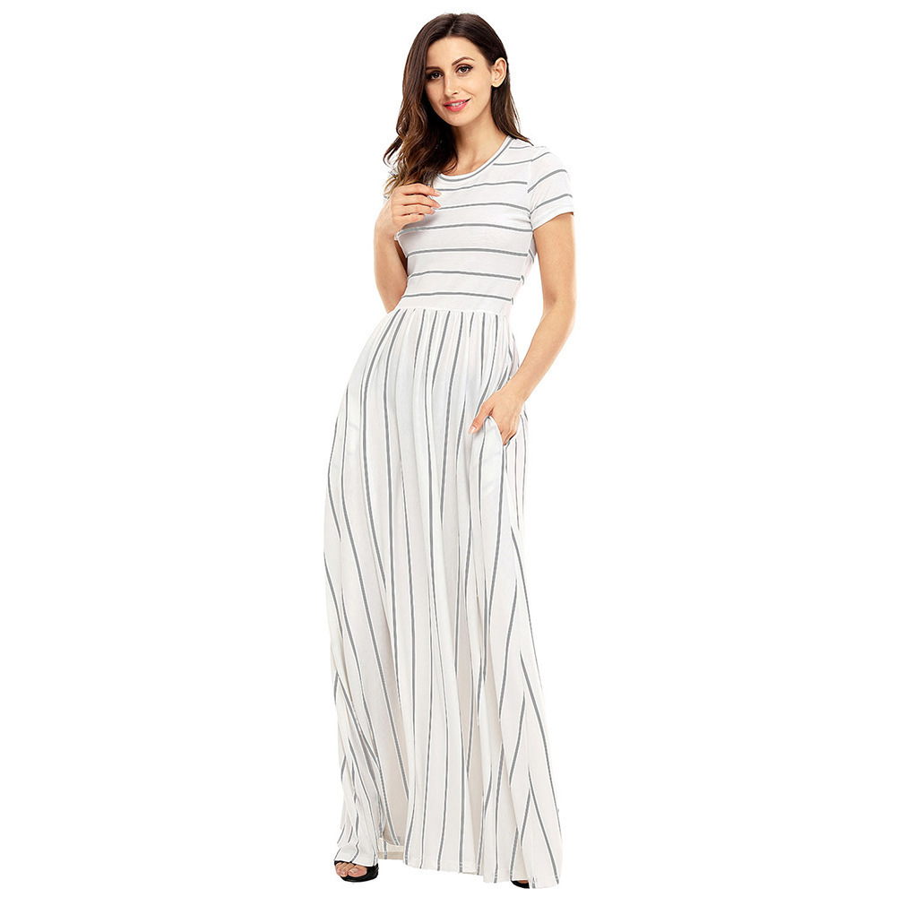 Bohemian Maxi Dress Short Sleeve Round Neck Striped Knit Casual Summer Wear Wholesale Available