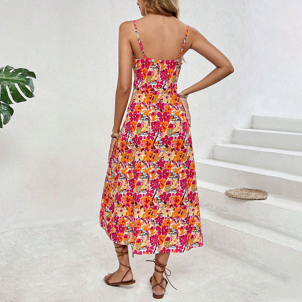 Casual Vacation Style Printed Dress Summer Square Neck Sleeveless Slit Mid length Dress