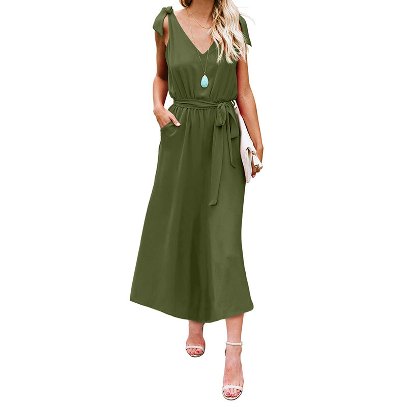 Summer Womens Dress Deep V Neck Sleeveless High Waisted Solid Color Casual or Party Wear Wholesale Available