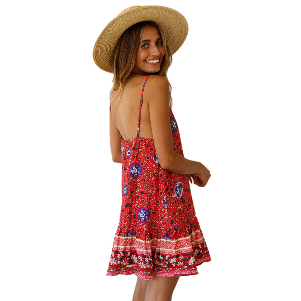 Summer A Line Mini Dress Sexy Sleeveless V Neck Floral Print Ruffled Hem Casual Wear for Parties Wholesale