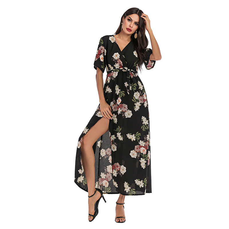Chiffon Maxi Dress Floral Print V Neck Summer Style Perfect for Beachwear Wholesale Available