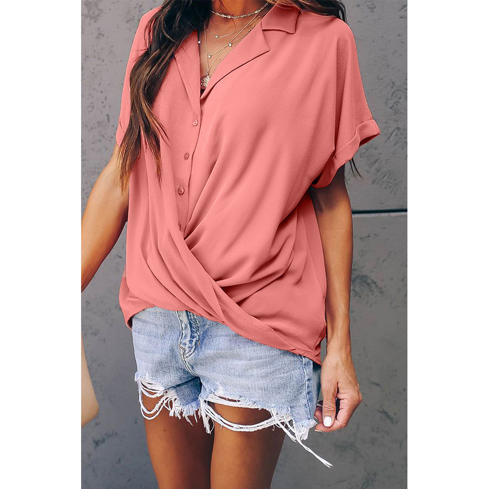 Loose Fit Solid Color Womens T Shirt V Neck Short Sleeve Pleated Design Casual Wear Wholesale Available