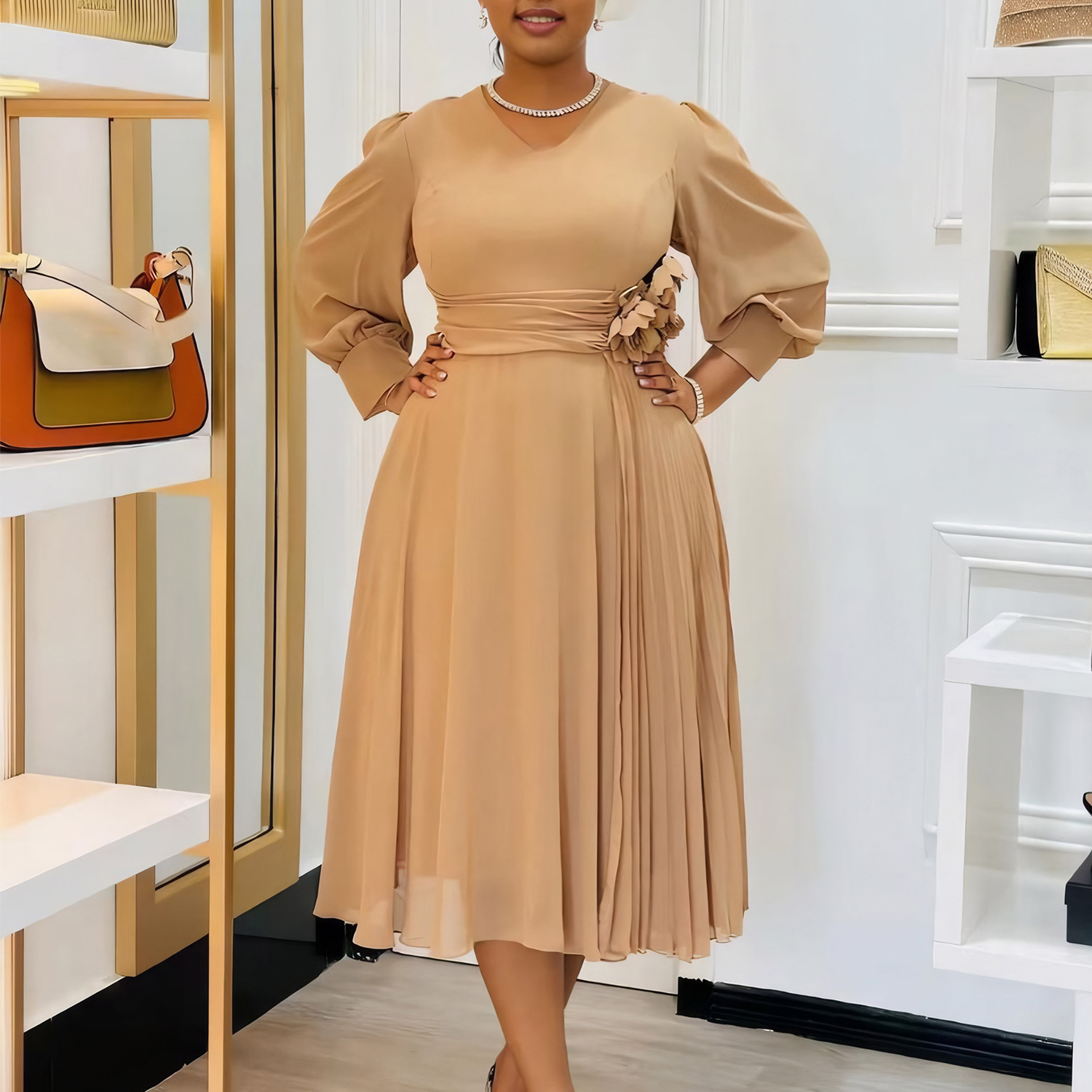 Elegant Solid Color A Line Dress for Plus Size Women, Fashionable Spring Apparel, European and American Style, Cross Border Tr