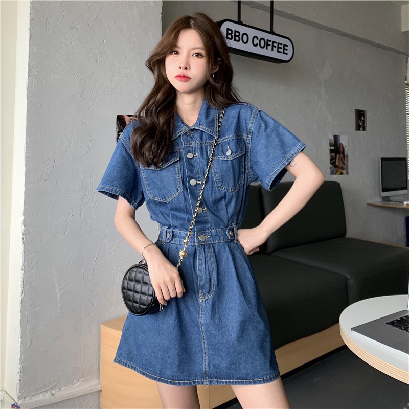 Vintage Hong Kong Style Denim Dress for Women Spring Slim Fit Short Length Elegant Design Perfect for Casual