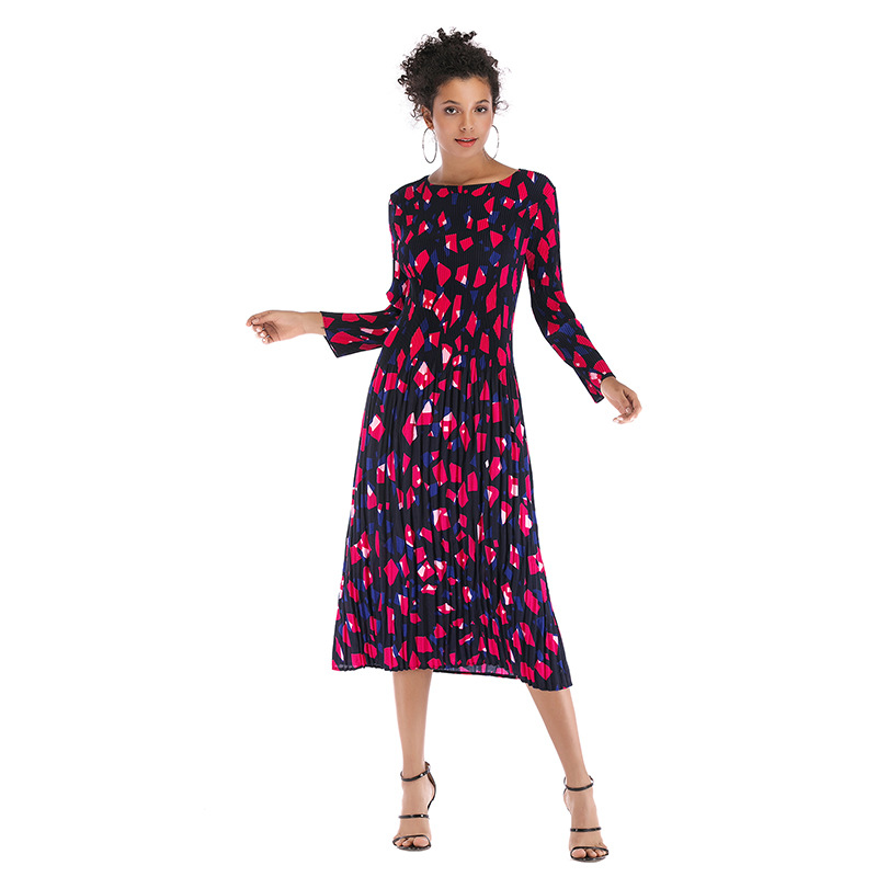 Geometric Print Chiffon Dress Long Sleeve Belted Pleated Design Perfect for Spring Summer Events Wholesale Available